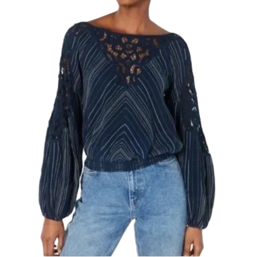 Free People Floating Memories Navy Crochet Cotton Lace Balloon Sleeve Top Small